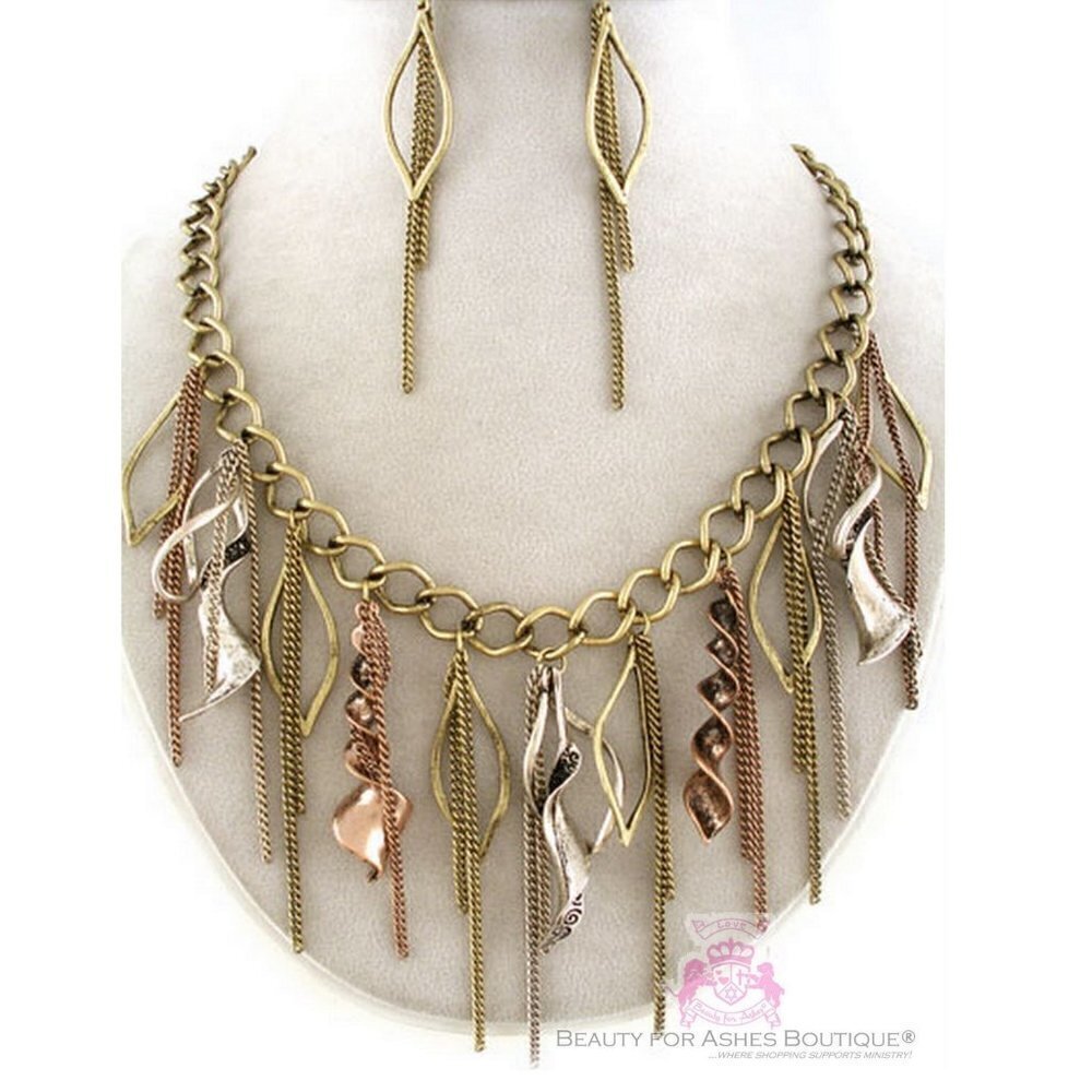 Womens Charm Chain Vintage Antique Twisted Coil Bib Tritone Fringe Necklace Set